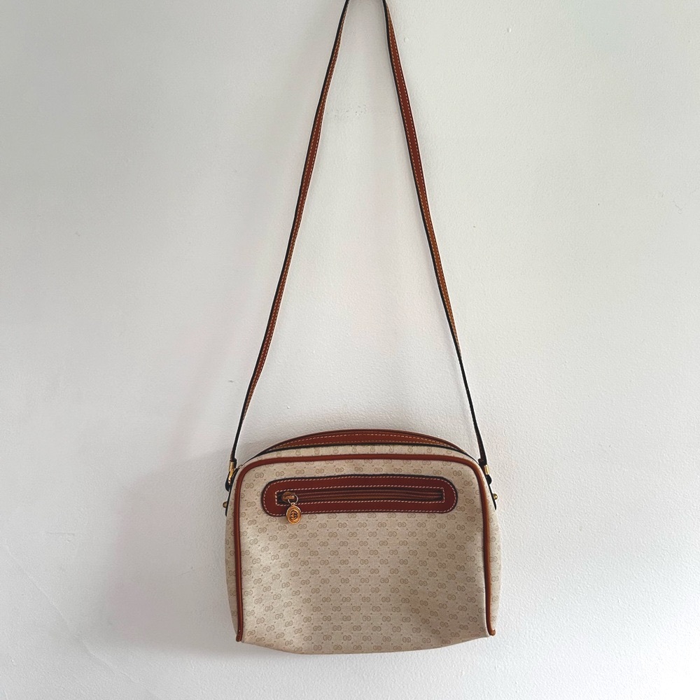 Vintage Gucci micro GG Crossbody Bag with Brown Trim 80’s